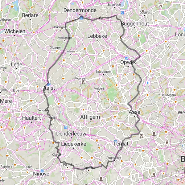 Miniature de la carte de l'inspiration cycliste "Parcours Historique d'Asse" dans la Prov. Oost-Vlaanderen, Belgium. Générée par le planificateur d'itinéraire cycliste Tarmacs.app