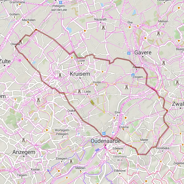 Map miniature of "Gravel Adventure around Olsene" cycling inspiration in Prov. Oost-Vlaanderen, Belgium. Generated by Tarmacs.app cycling route planner