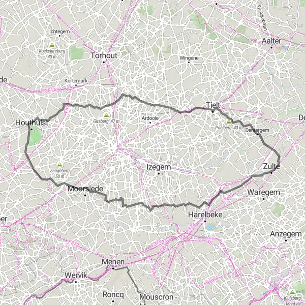 Map miniature of "The Century Ride" cycling inspiration in Prov. Oost-Vlaanderen, Belgium. Generated by Tarmacs.app cycling route planner