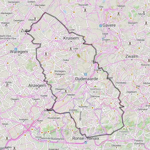 Miniatuurkaart van de fietsinspiratie "Uitdagende fietstocht met panoramisch uitzicht" in Prov. Oost-Vlaanderen, Belgium. Gemaakt door de Tarmacs.app fietsrouteplanner