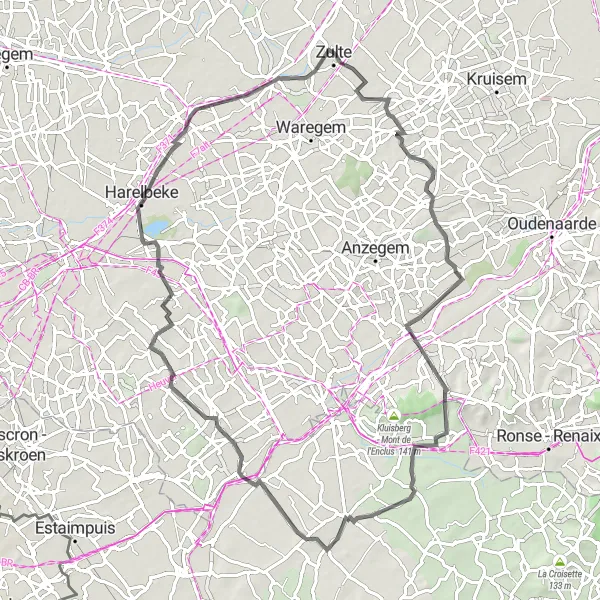 Miniatuurkaart van de fietsinspiratie "Heuvelachtige Olsene-Route via Zulte en Zwevegem" in Prov. Oost-Vlaanderen, Belgium. Gemaakt door de Tarmacs.app fietsrouteplanner