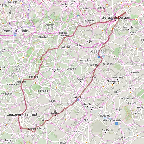 Miniatuurkaart van de fietsinspiratie "Gravelroute vanuit Onkerzele" in Prov. Oost-Vlaanderen, Belgium. Gemaakt door de Tarmacs.app fietsrouteplanner