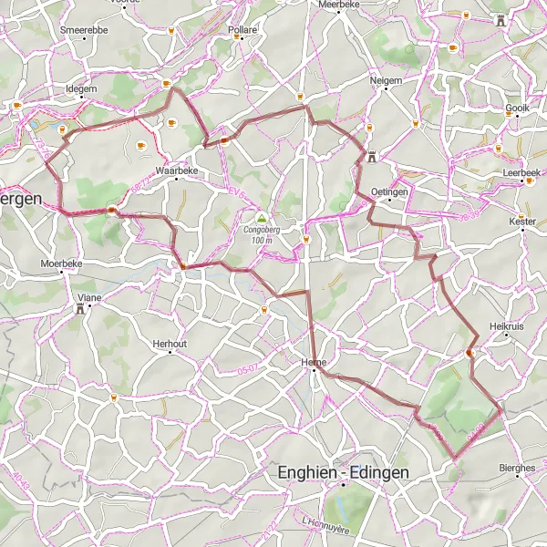 Miniatuurkaart van de fietsinspiratie "Bosberg en Galmaarden Gravelroute" in Prov. Oost-Vlaanderen, Belgium. Gemaakt door de Tarmacs.app fietsrouteplanner