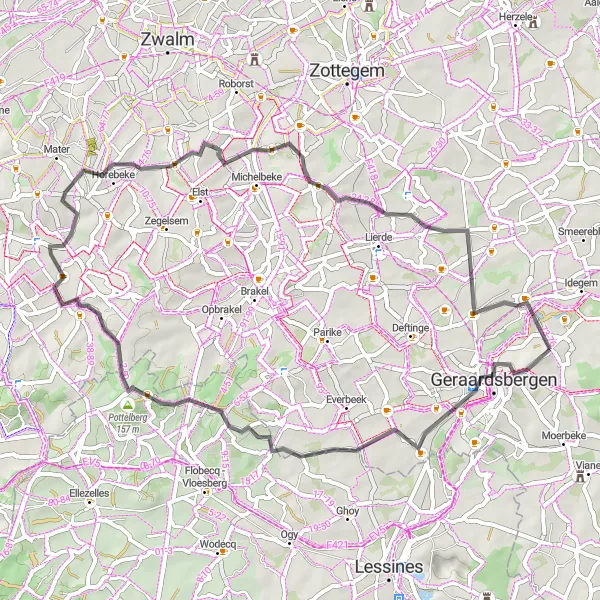 Map miniature of "The Hills of Onkerzele" cycling inspiration in Prov. Oost-Vlaanderen, Belgium. Generated by Tarmacs.app cycling route planner