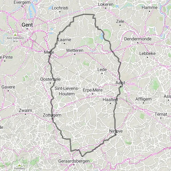 Miniatuurkaart van de fietsinspiratie "Pittoreske Oost-Vlaanderen Route" in Prov. Oost-Vlaanderen, Belgium. Gemaakt door de Tarmacs.app fietsrouteplanner