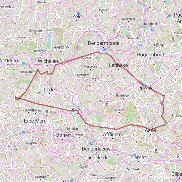 Karten-Miniaturansicht der Radinspiration "Gravelroute von Oordegem nach Papegem" in Prov. Oost-Vlaanderen, Belgium. Erstellt vom Tarmacs.app-Routenplaner für Radtouren