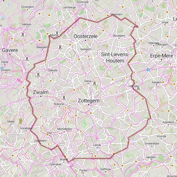Karten-Miniaturansicht der Radinspiration "Gravelroute Vlierzele - Westrem" in Prov. Oost-Vlaanderen, Belgium. Erstellt vom Tarmacs.app-Routenplaner für Radtouren