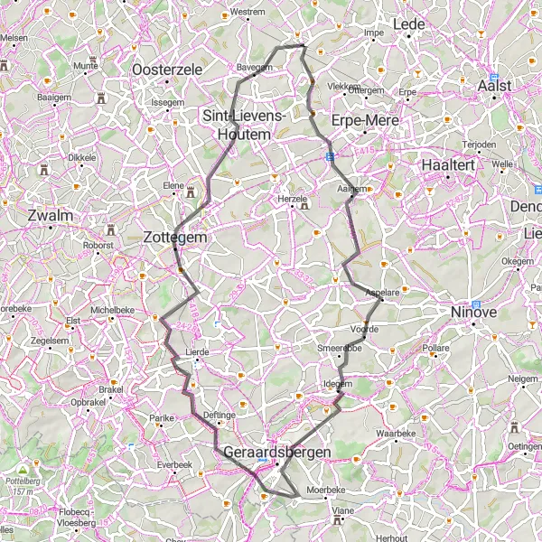 Map miniature of "Burst Loop" cycling inspiration in Prov. Oost-Vlaanderen, Belgium. Generated by Tarmacs.app cycling route planner