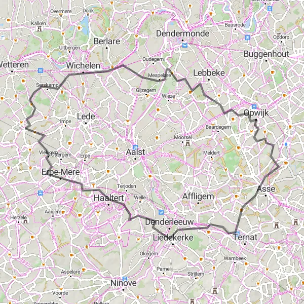 Miniatuurkaart van de fietsinspiratie "Wegroute Oordegem - Wichelen - Asse" in Prov. Oost-Vlaanderen, Belgium. Gemaakt door de Tarmacs.app fietsrouteplanner
