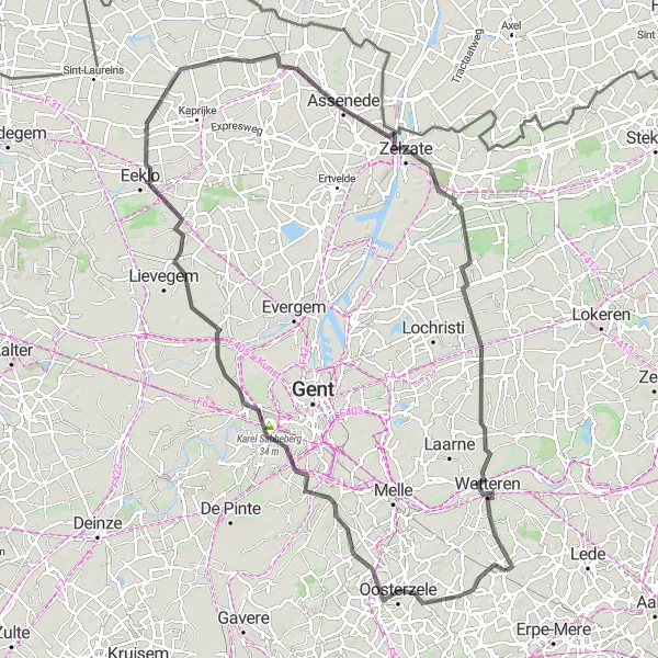 Miniature de la carte de l'inspiration cycliste "Exploration Touristique de l'Escaut Oriental" dans la Prov. Oost-Vlaanderen, Belgium. Générée par le planificateur d'itinéraire cycliste Tarmacs.app