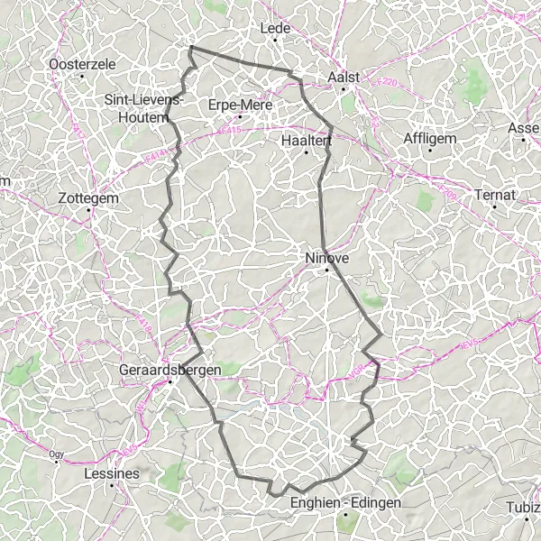 Map miniature of "Challenging Hills and Panoramic Vistas" cycling inspiration in Prov. Oost-Vlaanderen, Belgium. Generated by Tarmacs.app cycling route planner