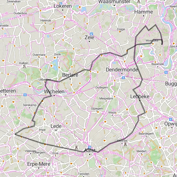 Karten-Miniaturansicht der Radinspiration "Straßentour Wichelen - Erondegem" in Prov. Oost-Vlaanderen, Belgium. Erstellt vom Tarmacs.app-Routenplaner für Radtouren