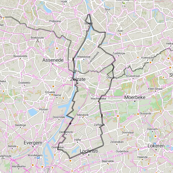 Map miniature of "Oostakker Circular Road Cycling Route" cycling inspiration in Prov. Oost-Vlaanderen, Belgium. Generated by Tarmacs.app cycling route planner