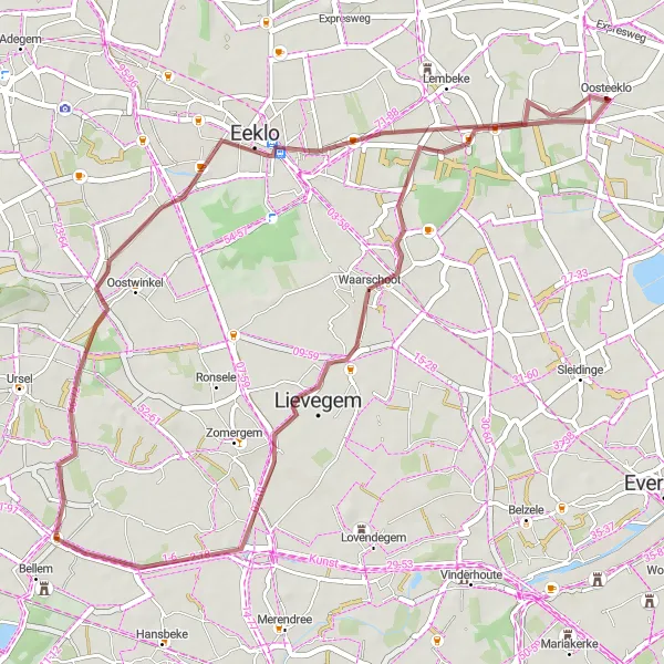 Map miniature of "Gravel Oosteeklo Loop" cycling inspiration in Prov. Oost-Vlaanderen, Belgium. Generated by Tarmacs.app cycling route planner