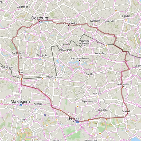 Miniature de la carte de l'inspiration cycliste "Piste gravel Eeklo-Oostburg" dans la Prov. Oost-Vlaanderen, Belgium. Générée par le planificateur d'itinéraire cycliste Tarmacs.app