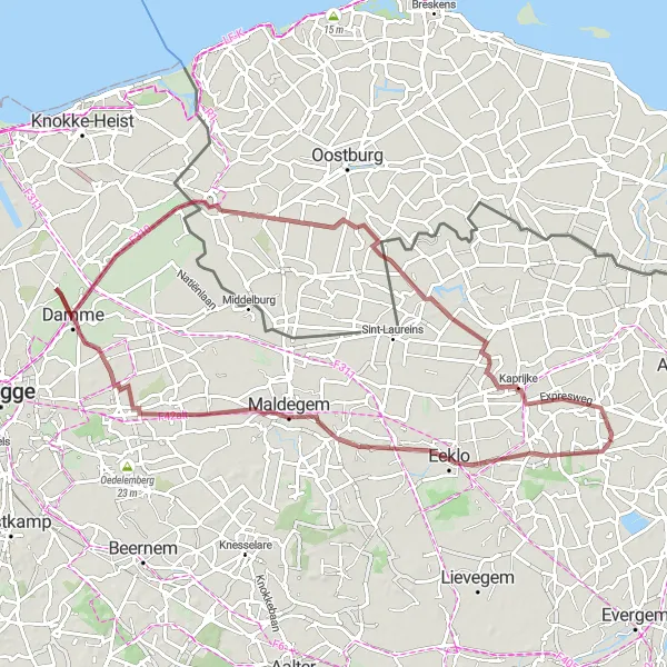 Miniatuurkaart van de fietsinspiratie "Gravelroute van Oosteeklo naar Sluis" in Prov. Oost-Vlaanderen, Belgium. Gemaakt door de Tarmacs.app fietsrouteplanner