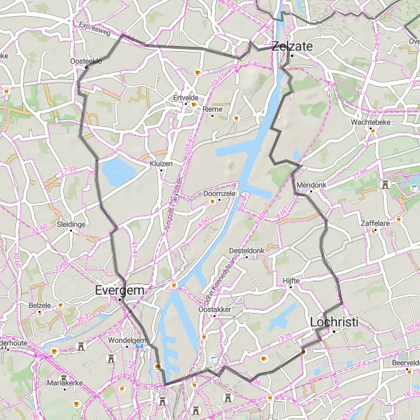 Map miniature of "Road Cycling Tour: Oosteeklo and Beyond" cycling inspiration in Prov. Oost-Vlaanderen, Belgium. Generated by Tarmacs.app cycling route planner