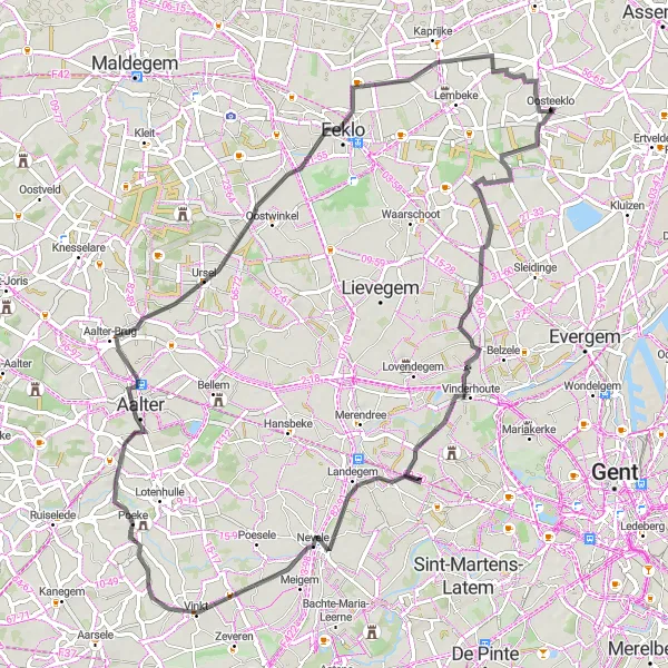 Miniature de la carte de l'inspiration cycliste "Parcours Vinderhoute-Aalter" dans la Prov. Oost-Vlaanderen, Belgium. Générée par le planificateur d'itinéraire cycliste Tarmacs.app