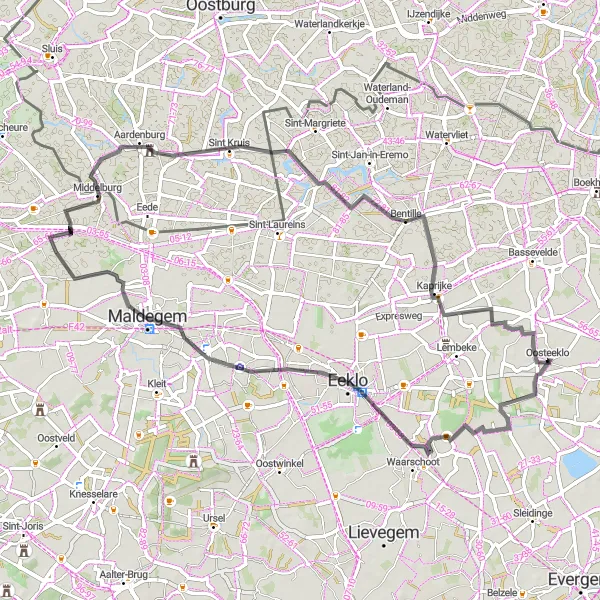 Miniature de la carte de l'inspiration cycliste "Boucle à vélo Waarschoot-Kaprijke" dans la Prov. Oost-Vlaanderen, Belgium. Générée par le planificateur d'itinéraire cycliste Tarmacs.app