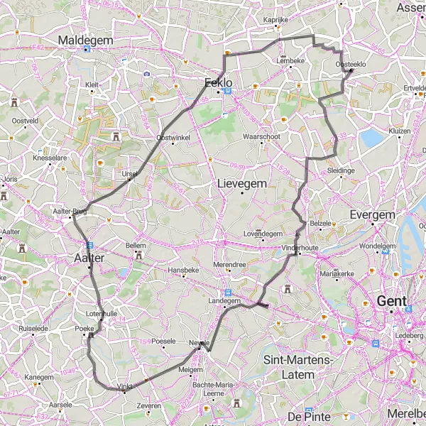 Map miniature of "Oosteeklo and Surroundings" cycling inspiration in Prov. Oost-Vlaanderen, Belgium. Generated by Tarmacs.app cycling route planner