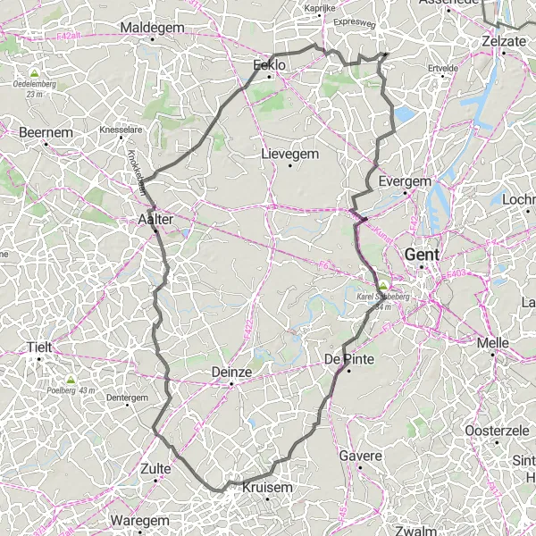 Miniatuurkaart van de fietsinspiratie "Rondrit van Oosteeklo naar Kruishoutem" in Prov. Oost-Vlaanderen, Belgium. Gemaakt door de Tarmacs.app fietsrouteplanner