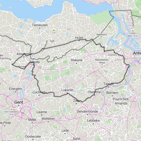 Map miniature of "Challenging Road Cycling Route: Oosteeklo and Beyond" cycling inspiration in Prov. Oost-Vlaanderen, Belgium. Generated by Tarmacs.app cycling route planner