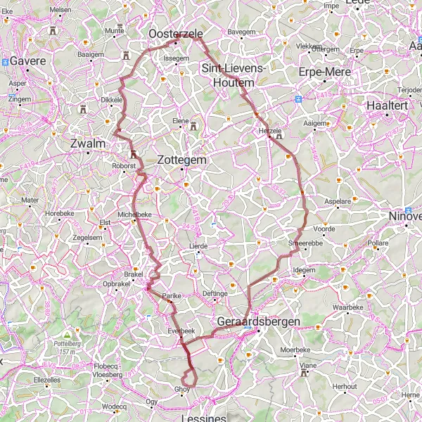 Map miniature of "Off-Road Adventure in Oosterzele" cycling inspiration in Prov. Oost-Vlaanderen, Belgium. Generated by Tarmacs.app cycling route planner
