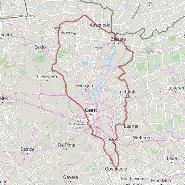 Map miniature of "Gravel Route: Oosterzele to Lemberge" cycling inspiration in Prov. Oost-Vlaanderen, Belgium. Generated by Tarmacs.app cycling route planner