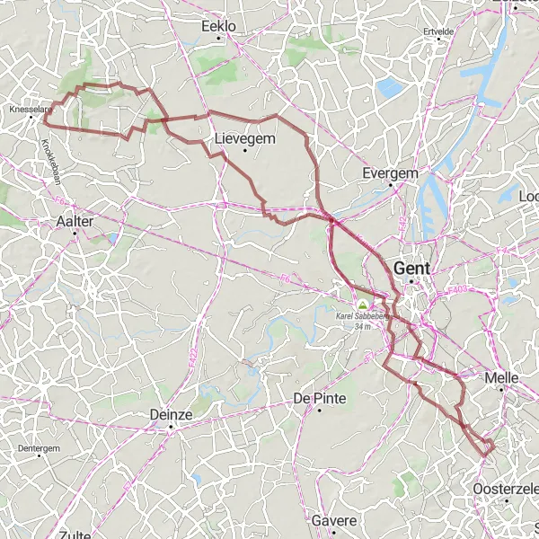 Map miniature of "Gravel Quest through Oosterzele" cycling inspiration in Prov. Oost-Vlaanderen, Belgium. Generated by Tarmacs.app cycling route planner