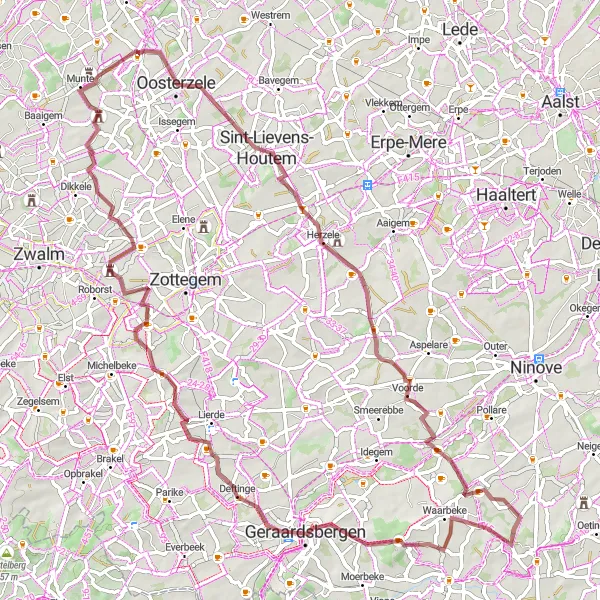 Map miniature of "Gravel Route: Oosterzele to Van Themsche Molen" cycling inspiration in Prov. Oost-Vlaanderen, Belgium. Generated by Tarmacs.app cycling route planner