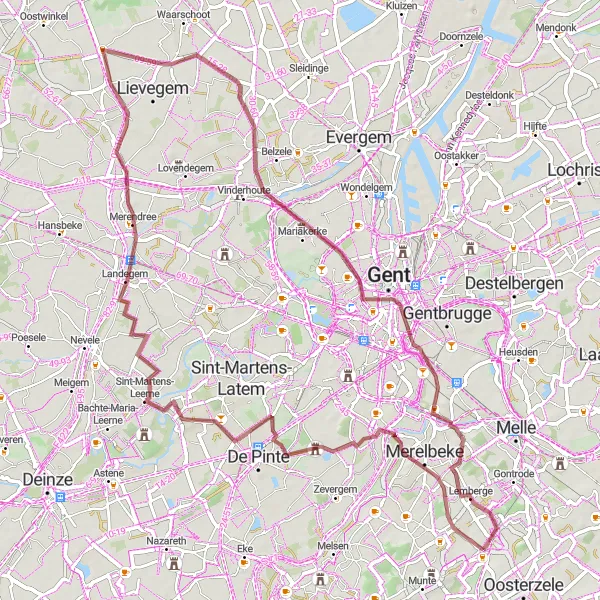 Miniatuurkaart van de fietsinspiratie "Gravelroute vanuit Oosterzele" in Prov. Oost-Vlaanderen, Belgium. Gemaakt door de Tarmacs.app fietsrouteplanner