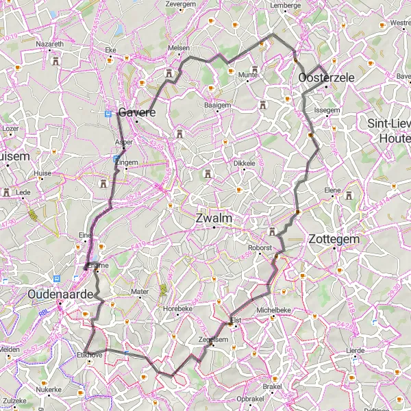 Miniature de la carte de l'inspiration cycliste "Escapade à travers les Collines Flamandes" dans la Prov. Oost-Vlaanderen, Belgium. Générée par le planificateur d'itinéraire cycliste Tarmacs.app