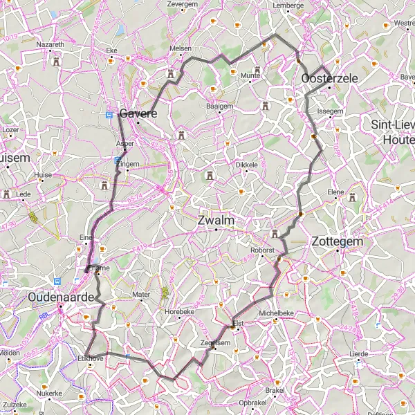 Map miniature of "Road Cycling Tour around Oosterzele" cycling inspiration in Prov. Oost-Vlaanderen, Belgium. Generated by Tarmacs.app cycling route planner