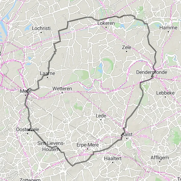 Miniatuurkaart van de fietsinspiratie "Historisch en pittoresk fietsen in Oost-Vlaanderen" in Prov. Oost-Vlaanderen, Belgium. Gemaakt door de Tarmacs.app fietsrouteplanner