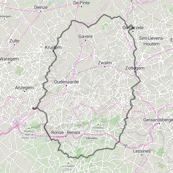 Map miniature of "Road Route: Oosterzele to Eke" cycling inspiration in Prov. Oost-Vlaanderen, Belgium. Generated by Tarmacs.app cycling route planner
