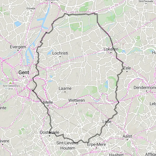 Map miniature of "Road Route: Oosterzele to Kasteel Smissenbroek" cycling inspiration in Prov. Oost-Vlaanderen, Belgium. Generated by Tarmacs.app cycling route planner