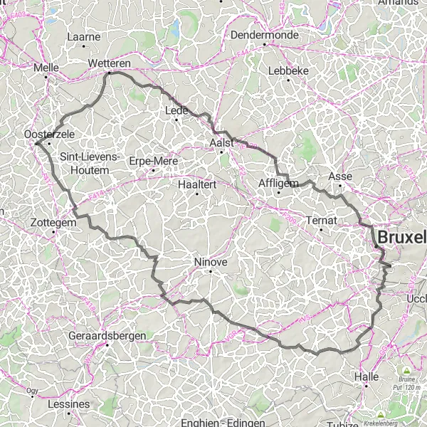 Map miniature of "Road Route: Oosterzele to Oombergen" cycling inspiration in Prov. Oost-Vlaanderen, Belgium. Generated by Tarmacs.app cycling route planner