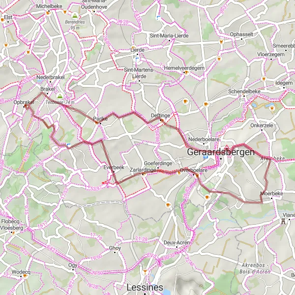 Map miniature of "Opbrakel Gravel Exploration" cycling inspiration in Prov. Oost-Vlaanderen, Belgium. Generated by Tarmacs.app cycling route planner