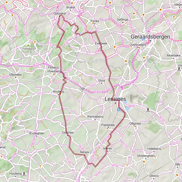 Map miniature of "Opbrakel Gravel Journey" cycling inspiration in Prov. Oost-Vlaanderen, Belgium. Generated by Tarmacs.app cycling route planner