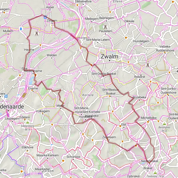 Miniatuurkaart van de fietsinspiratie "Opbrakel - Olsa - Rekelberg" in Prov. Oost-Vlaanderen, Belgium. Gemaakt door de Tarmacs.app fietsrouteplanner