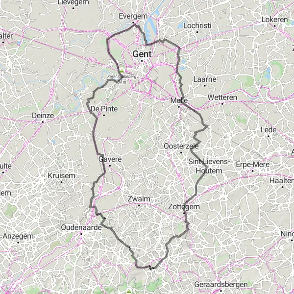 Miniatuurkaart van de fietsinspiratie "Wegroute naar Nederbrakel en terug" in Prov. Oost-Vlaanderen, Belgium. Gemaakt door de Tarmacs.app fietsrouteplanner