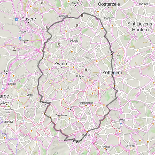 Miniatuurkaart van de fietsinspiratie "Wegroute door de heuvels van Oost-Vlaanderen" in Prov. Oost-Vlaanderen, Belgium. Gemaakt door de Tarmacs.app fietsrouteplanner