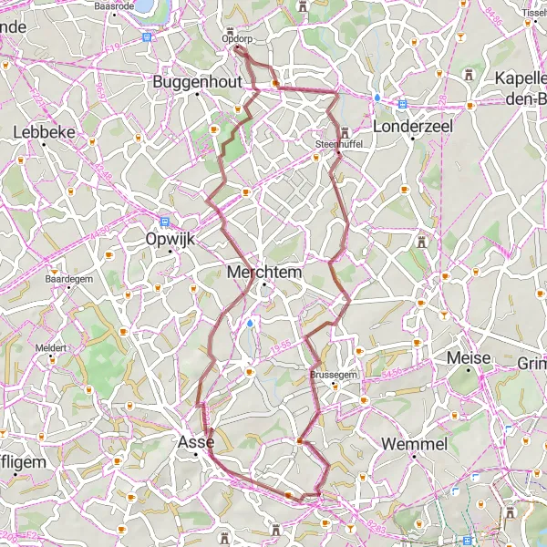 Map miniature of "The Steenhuffel Gravel Loop" cycling inspiration in Prov. Oost-Vlaanderen, Belgium. Generated by Tarmacs.app cycling route planner