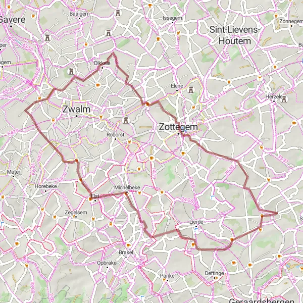 Map miniature of "Gravel Exploration: Ophasselt and Beyond" cycling inspiration in Prov. Oost-Vlaanderen, Belgium. Generated by Tarmacs.app cycling route planner