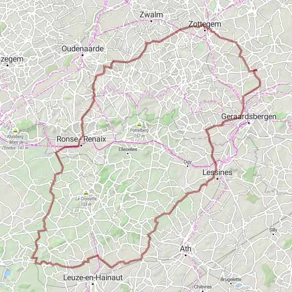 Miniature de la carte de l'inspiration cycliste "Aventure Gravel d'Anvaing à Wijnhuize" dans la Prov. Oost-Vlaanderen, Belgium. Générée par le planificateur d'itinéraire cycliste Tarmacs.app