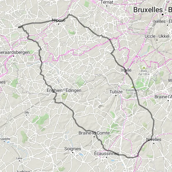 Map miniature of "Ninove Hill Challenge with Scenic Landscapes" cycling inspiration in Prov. Oost-Vlaanderen, Belgium. Generated by Tarmacs.app cycling route planner