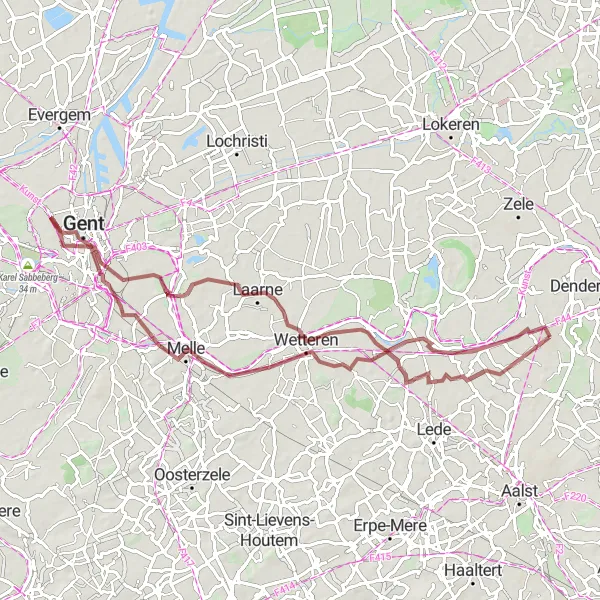 Miniatuurkaart van de fietsinspiratie "Uitdagende gravelroute door Oost-Vlaanderen" in Prov. Oost-Vlaanderen, Belgium. Gemaakt door de Tarmacs.app fietsrouteplanner