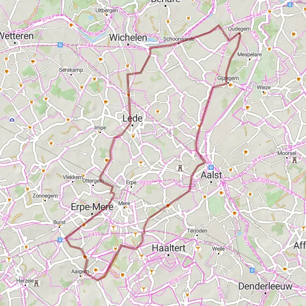 Miniature de la carte de l'inspiration cycliste "Parcours gravel de Oudegem à Schoonaarde" dans la Prov. Oost-Vlaanderen, Belgium. Générée par le planificateur d'itinéraire cycliste Tarmacs.app