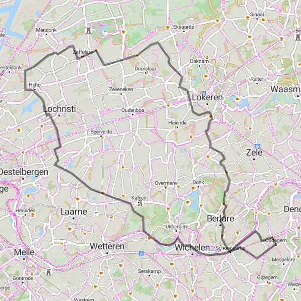 Map miniature of "Oudegem Loop" cycling inspiration in Prov. Oost-Vlaanderen, Belgium. Generated by Tarmacs.app cycling route planner