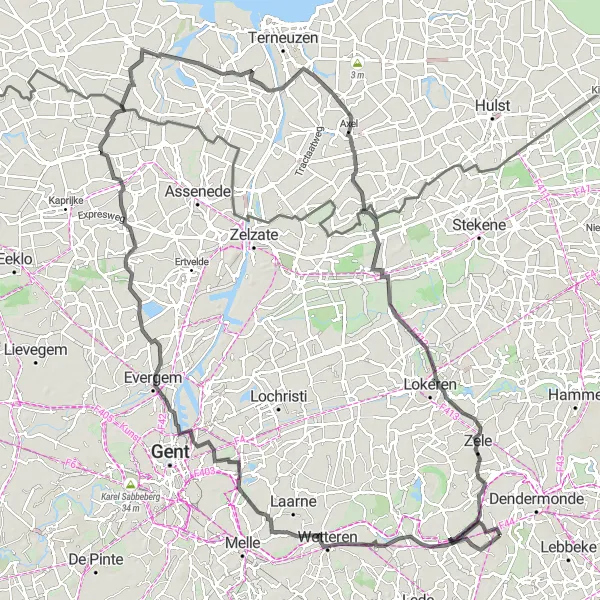 Miniature de la carte de l'inspiration cycliste "Randonnée des Villes Flamandes" dans la Prov. Oost-Vlaanderen, Belgium. Générée par le planificateur d'itinéraire cycliste Tarmacs.app
